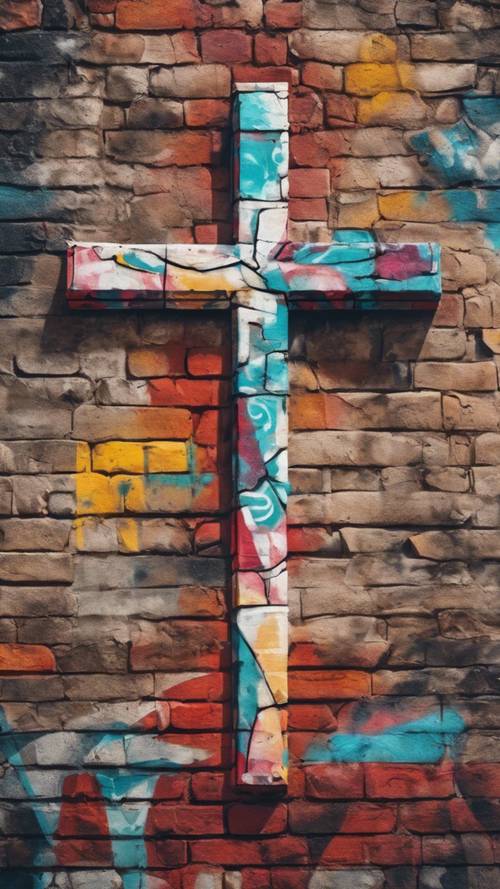 An abstract graffiti-style mural depicting a cross, painted on a brick wall. Wallpaper [f5e7d41f488d4f35b3a2]