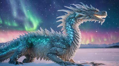 A frost dragon, sparkling against the backdrop of an Aurora Borealis.