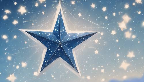 תמונה מצוירת ביד של כוכב כחול עם קצוות לבנים, תלוי בשמים משובצים כוכבים.