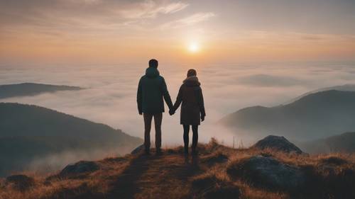 Vista posterior de una pareja de pie en la cima de una montaña, tomados de la mano, frente a una vista fantástica del amanecer sobre un valle brumoso