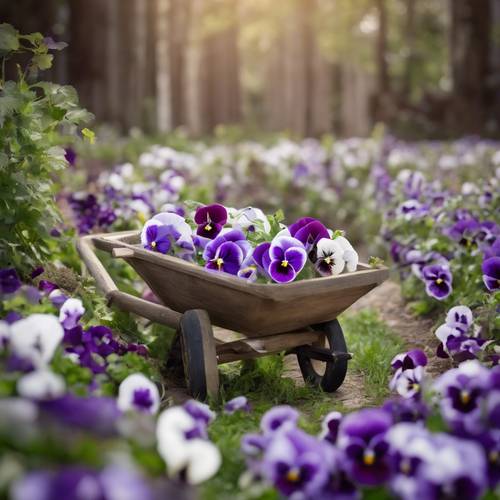 A rustic wooden wheelbarrow filled with purple and white pansies.