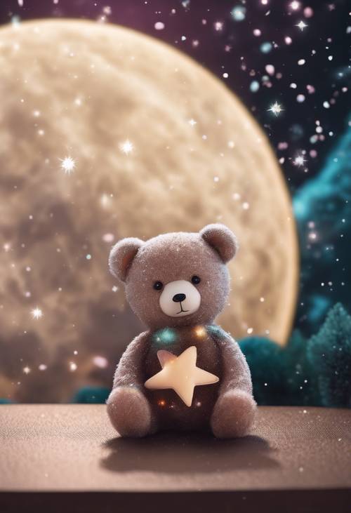 A picture of a kawaii-style bear, peacefully dreaming on a crescent moon amongst the stars.