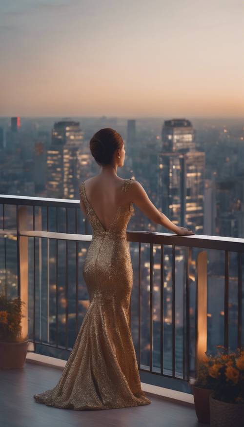 Загадочная женщина в элегантном вечернем платье смотрит на городской пейзаж с балкона высотного здания.