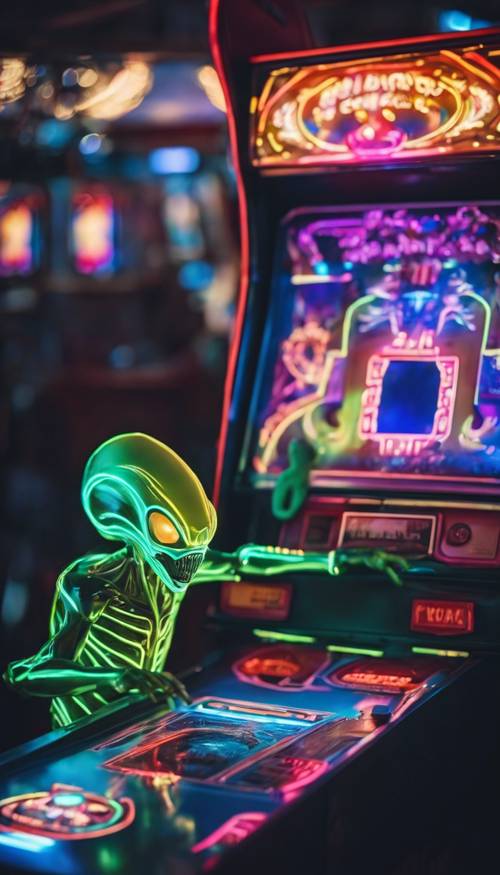 Un extraterrestre iluminado con neón jugando un juego arcade holográfico futurista.