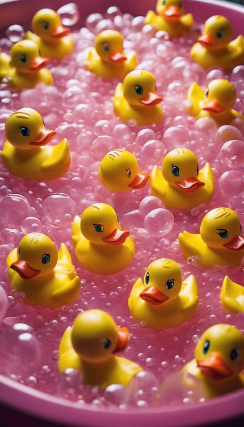 Żółte gumowe kaczki unoszą się w różowej wannie z tonami bąbelków.