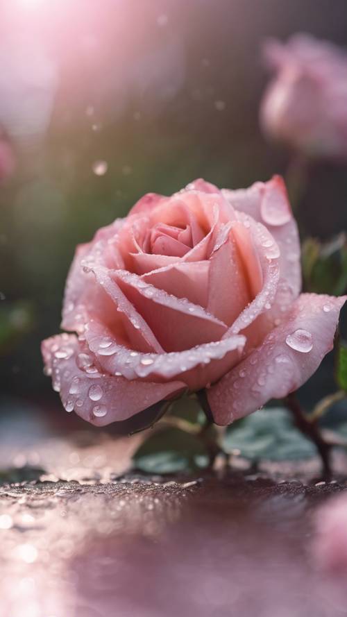 Um close de uma delicada rosa rosa com gotas de orvalho em suas pétalas.