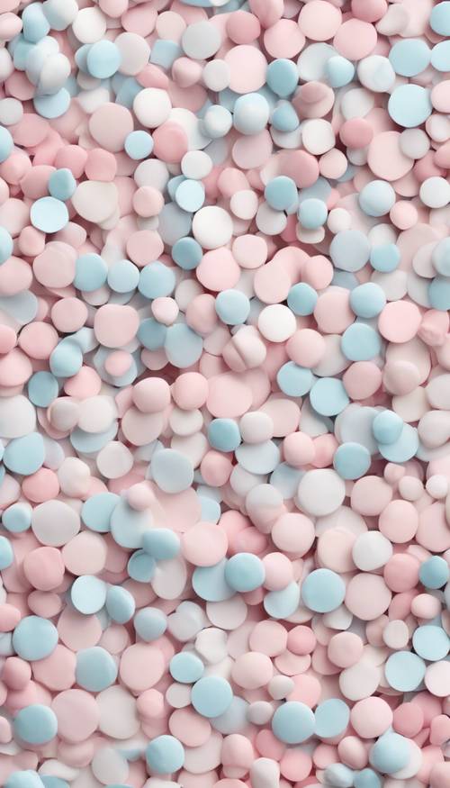 A field of soft pastel pink and baby blue polka dots on a white canvas.
