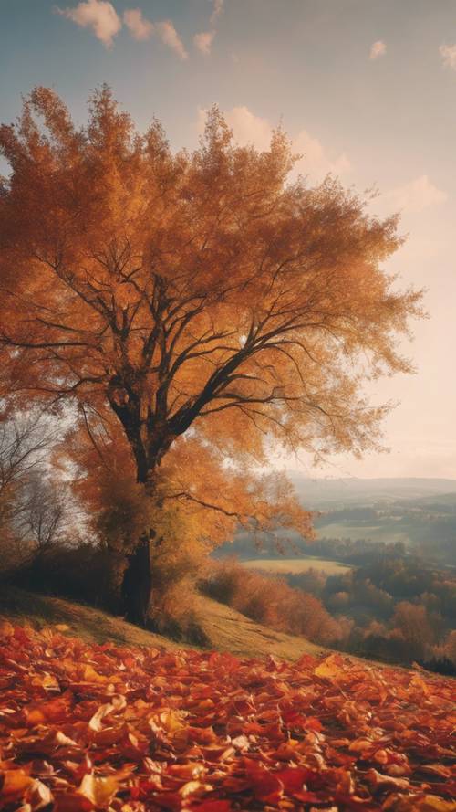 Uma paisagem campestre no auge do outono, com folhas laranja, vermelhas e amarelas caindo das árvores.