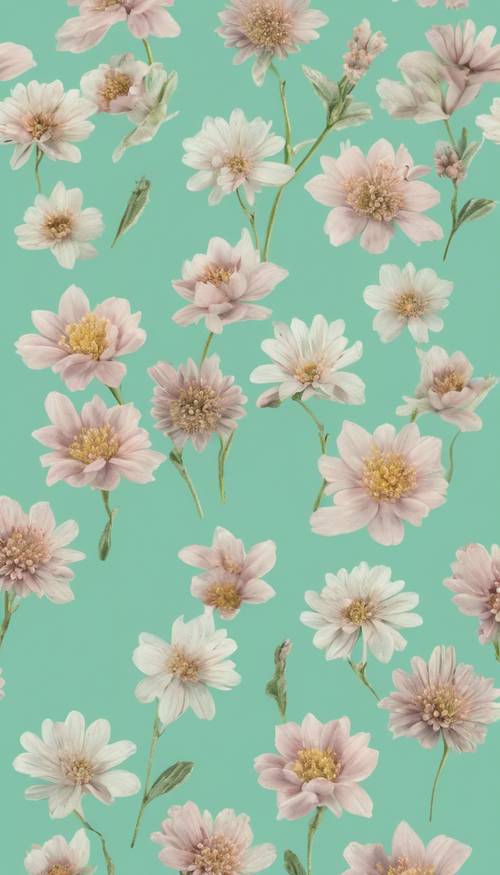 A seamless pattern of small, blooming flowers in pastel tones on a mint green background. Tapeta [e9ee0c06802742719a44]