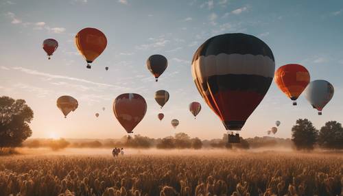 Ein ruhiger Sonnenaufgang am Neujahrstag über einem weiten, taunassen Feld mit Heißluftballons am Himmel.