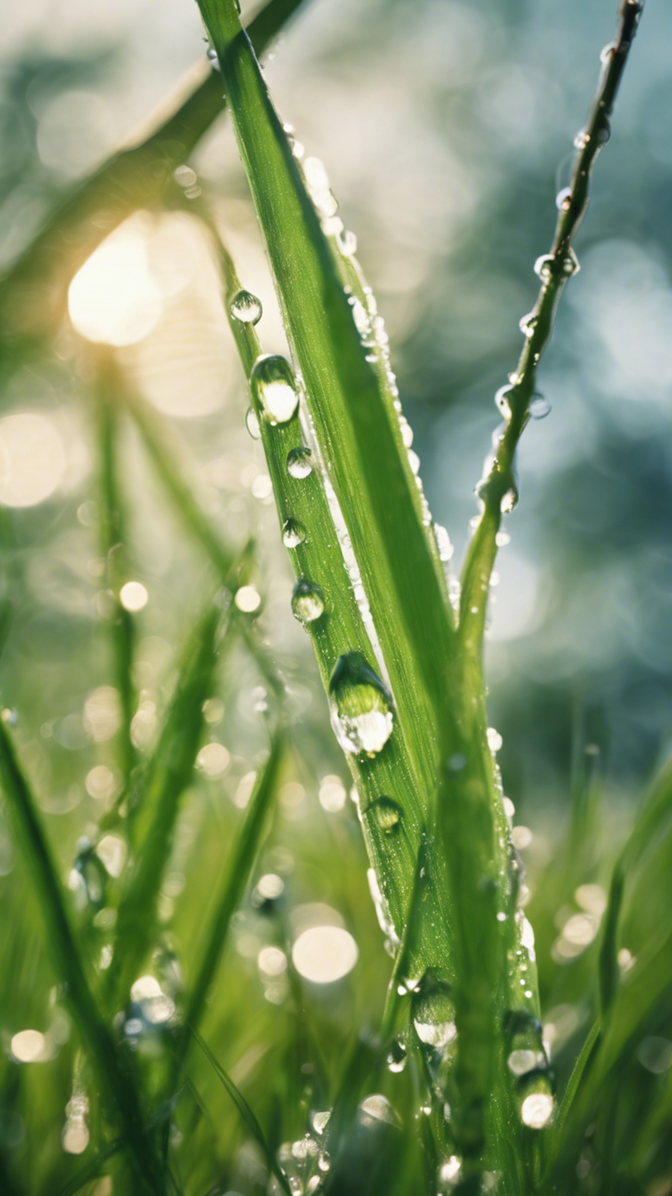 A clear spring morning with dew clinging to the tips of lush green grass blades. Wallpaper[0fea2b604cbf409592b9]