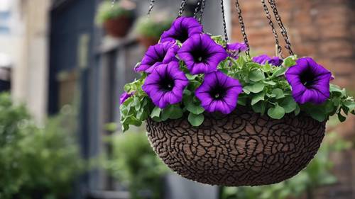 Stunning black petunias flourishing in a hanging basket, capturing the intrigue of passers-by. Tapet [66869e5fdaee4273bb15]