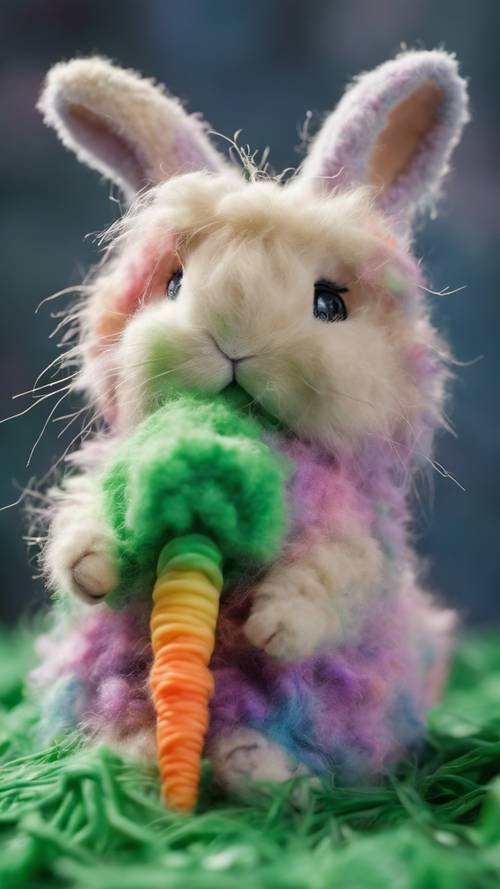 Tamamen yumuşak, pastel tonlu gökkuşağı yününden yapılmış, yeşil havucu kemiren kabarık bir tavşan.