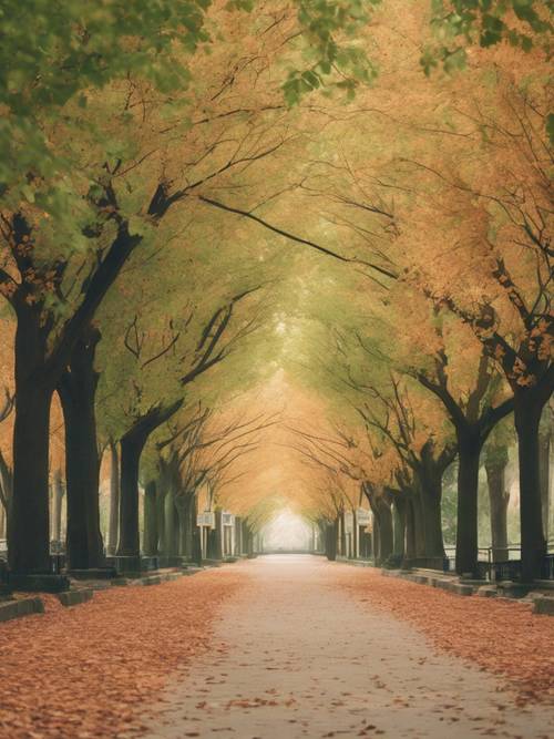 Chodnik wysadzany bujnymi drzewami i wypełniony jesiennymi liśćmi, odzwierciedlonymi w pastelowych odcieniach zieleni.