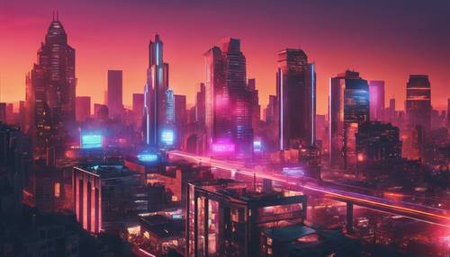 Un paysage urbain moderne et élégant illuminé de néons au crépuscule.