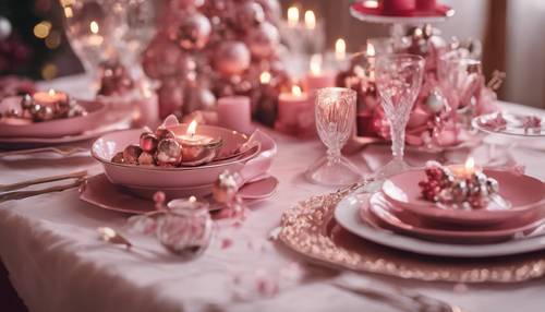 Uma deliciosa mesa de festa de Natal enfeitada com louças cor-de-rosa e decoração com velas.