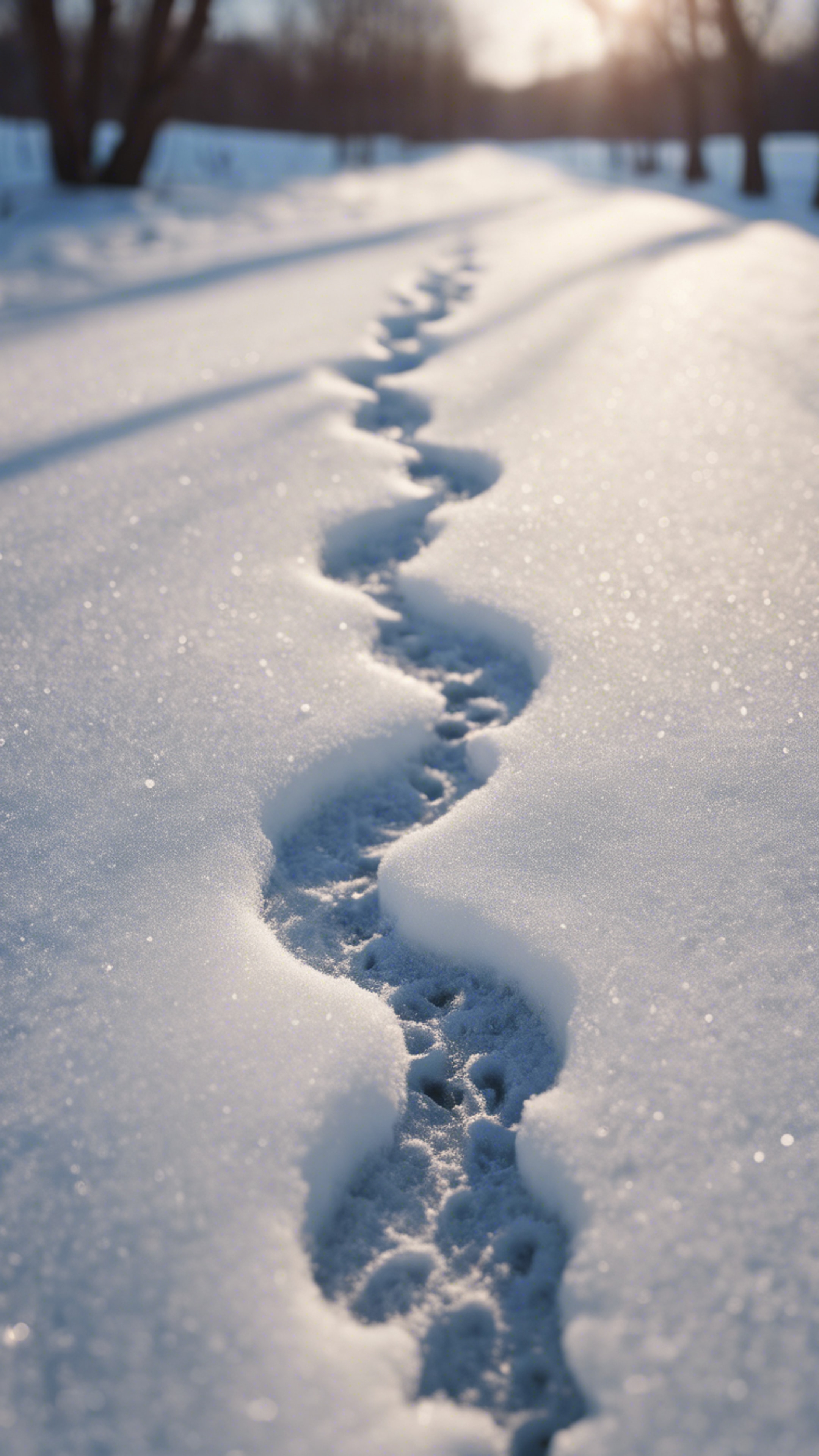 A pair of frosty, heart-shaped footprints imprinted on a snow-covered lane, symbolizing love in winter.壁紙[a9223da6c59742c6a00f]
