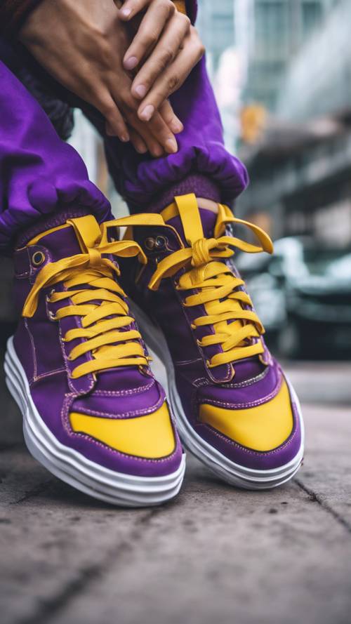Sepasang sepatu kets trendi dengan tali ungu, badan kuning, dan setelan gaya jalanan yang keren.