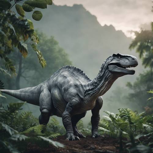 Dinosaurus abu-abu mengunyah dedaunan subur dengan latar belakang kabut yang meninggi.