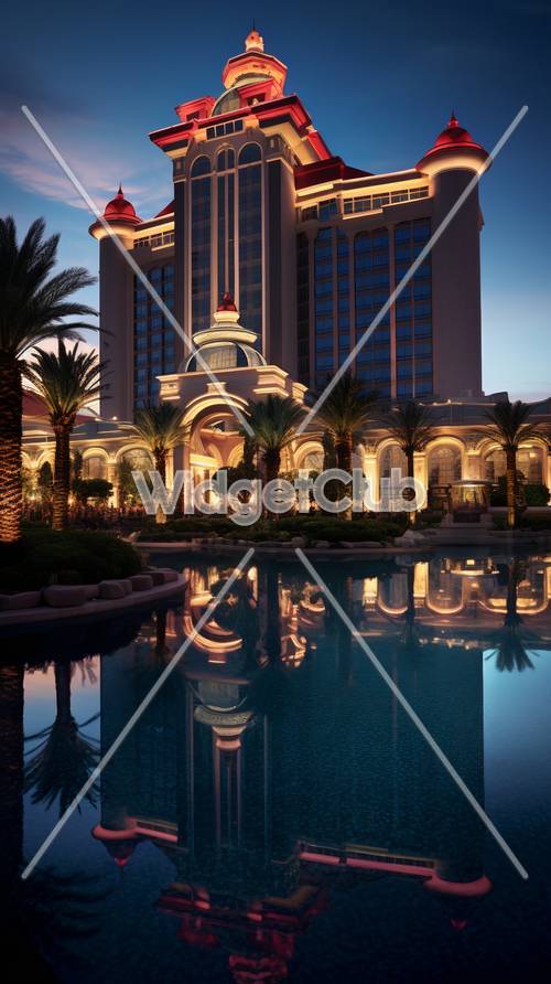 Hotel de lujo en el crepúsculo reflejado en el agua