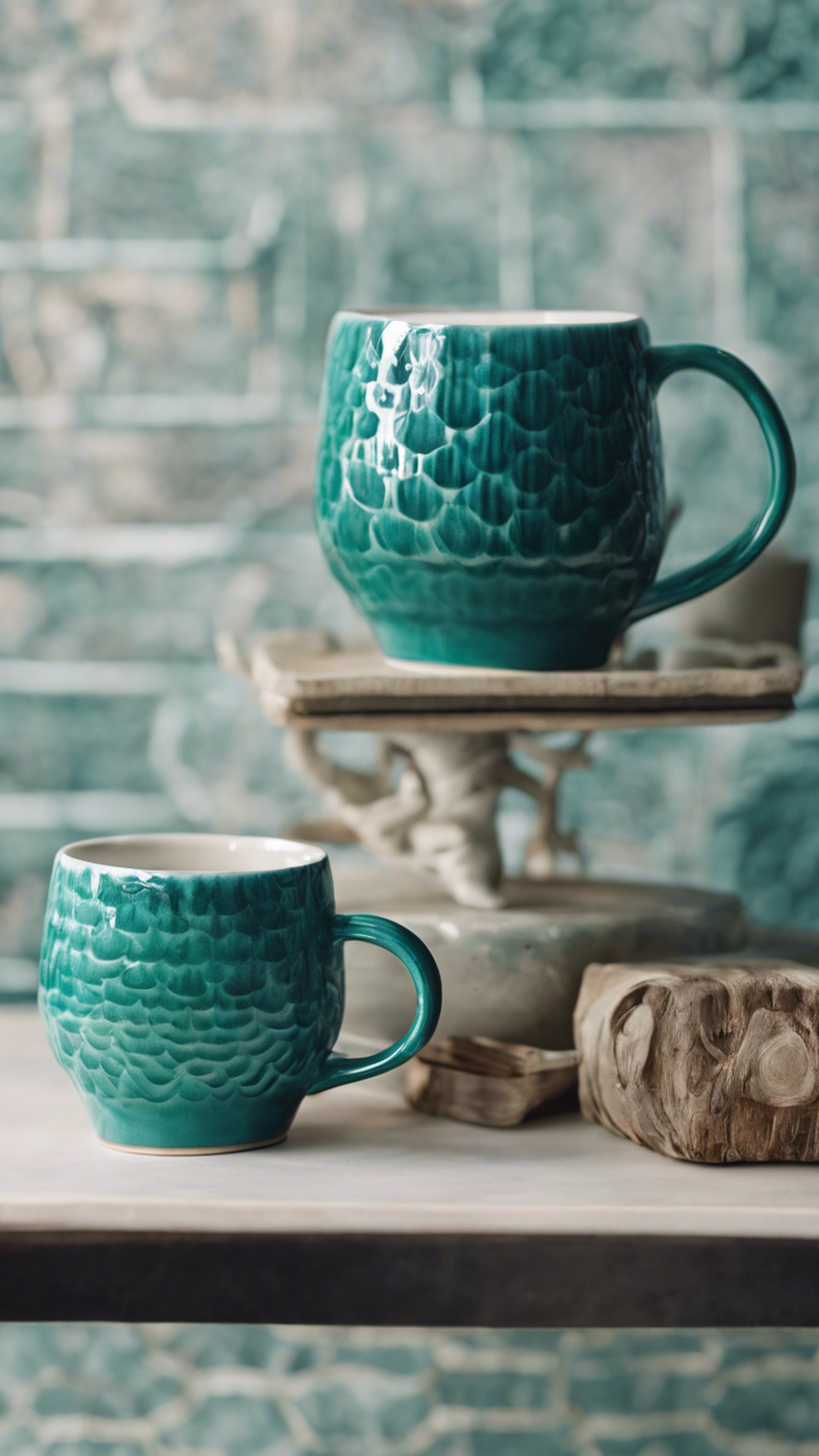 A scallop patterned ceramic mug with a cool teal glaze. Wallpaper[4f34e12456f849958891]