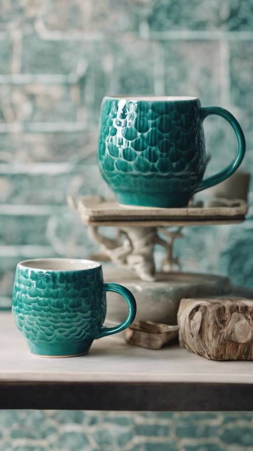 A scallop patterned ceramic mug with a cool teal glaze.
