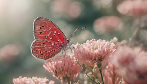 Um close de uma borboleta vermelha clara empoleirada em uma flor delicada.