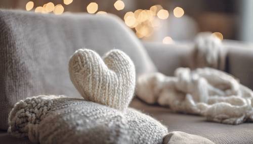 Rahat bir evde rahat bir kanepede oturan örme beyaz kalpli peluş oyuncak.