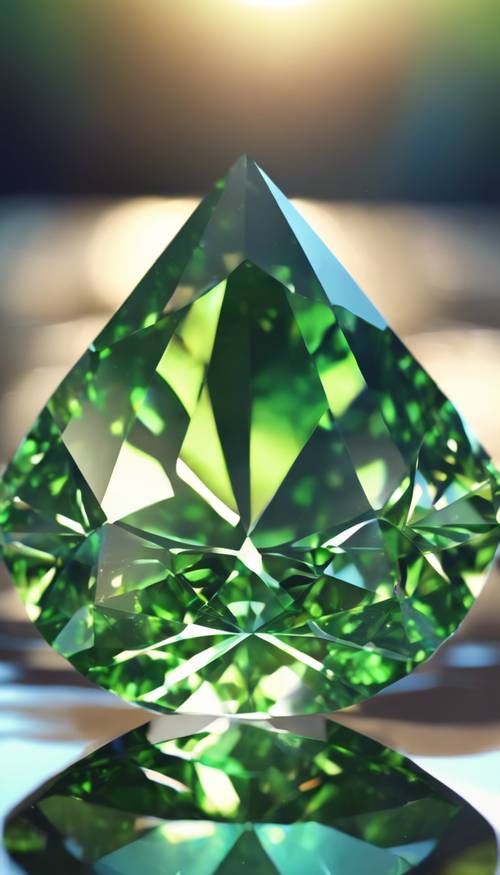 Un bellissimo diamante verde, scintillante alla luce del sole.