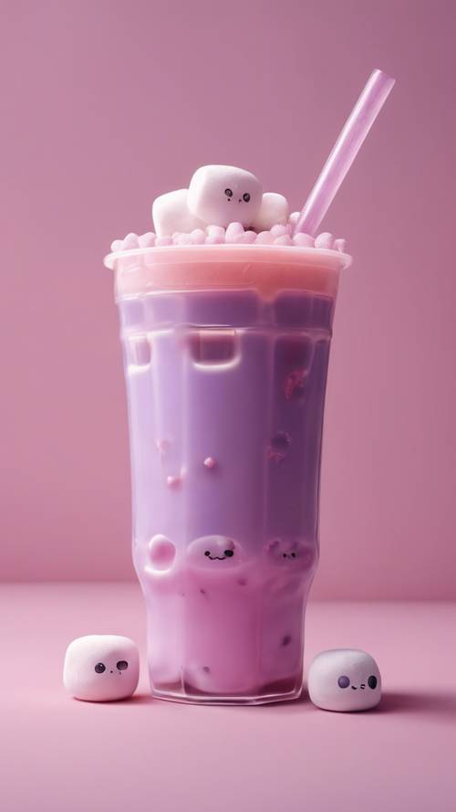 Um chá de bolhas roxo claro, inspirado no kawaii, com lindos marshmallows flutuando por cima.