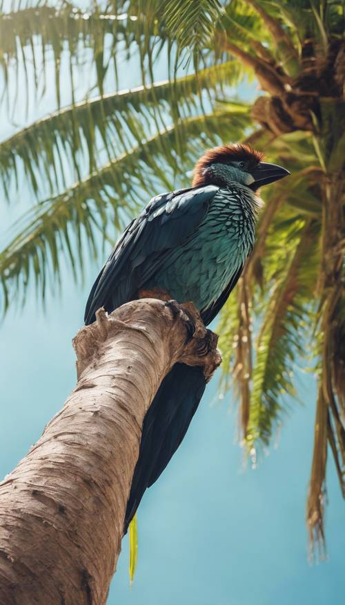 Berrak bir gökyüzünün altında yüksek bir palmiye ağacının dalında oturan egzotik bir kuş.