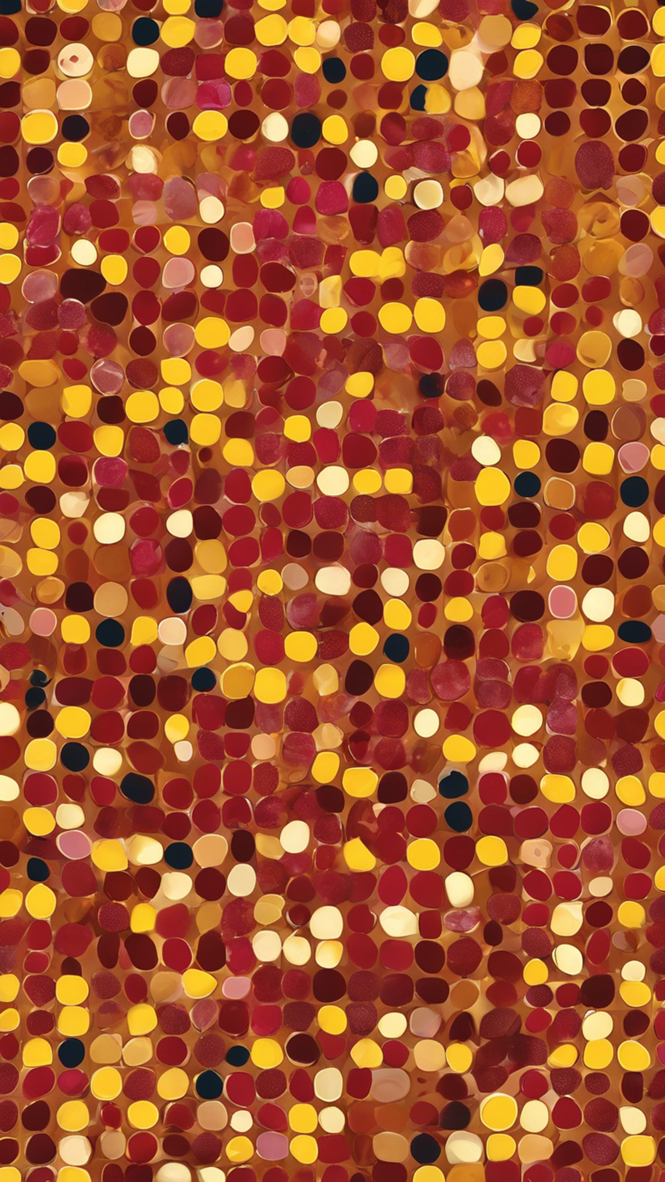 Vibrant pattern of polka dots, a mix of ruby red ones and mustard yellow ones. Behang[8e468345fc0d4ef4ba5a]