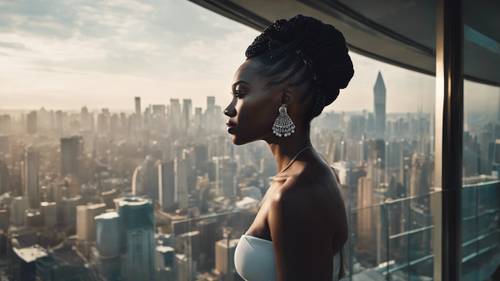 Une reine noire dans un décor moderne, regardant depuis un gratte-ciel une ville animée.