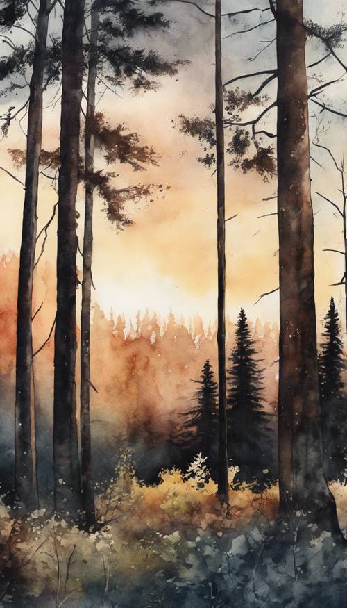 A moody watercolor landscape showing a dark forested area just before sunset.