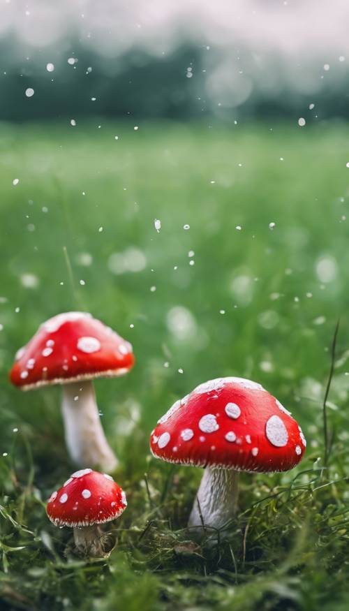 Kilka czerwonych grzybów z białymi plamami rozrzuconymi na zielonym trawiastym polu.
