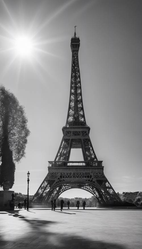Wieża Eiffla rzucona w bezpośrednie światło słoneczne, a jej cień rozciąga się na czarno-biały Paryż.