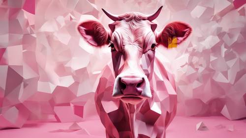 A modern art representation of a cow, using geometric shapes in shades of pink and white.