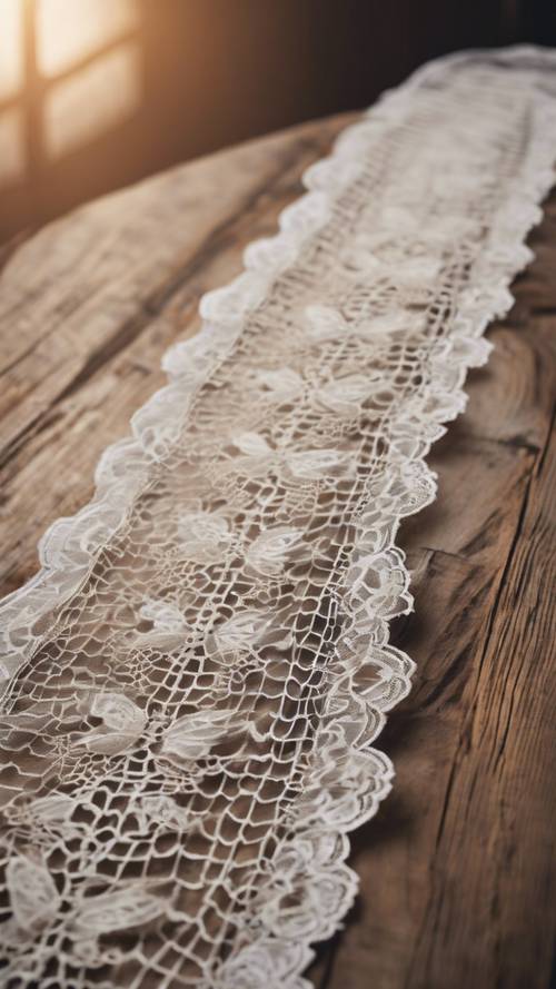 A delicate lace fabric laid out on a vintage wooden table.