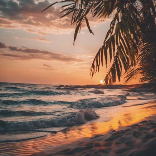 Яркое изображение старинного пляжа с красочным сиянием летнего заката, отражающимся от спокойных вод океана.