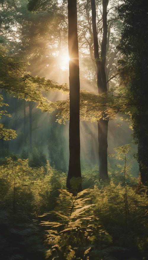 Hutan yang damai saat fajar, saat matahari pagi memancarkan sinar lembutnya melalui dedaunan.