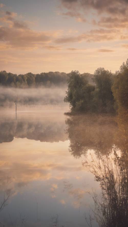Un cielo con rayas beige al amanecer reflejándose sobre un lago tranquilo.