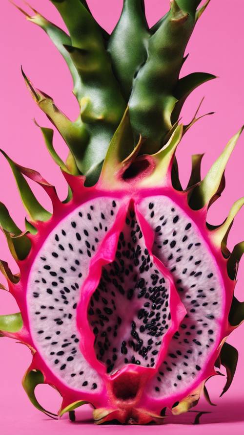 잘린 용과의 생생한 클로즈업으로 시원한 핑크색 과육과 대조적인 검은 씨앗이 드러납니다.