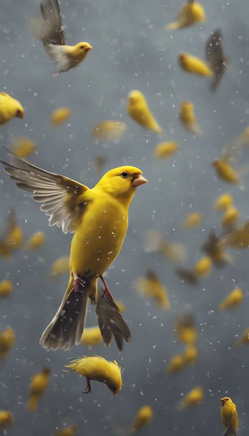 카나리아 떼가 날개를 펼친 흐린 하늘, 회색 배경에 노란 깃털이 돋보입니다.
