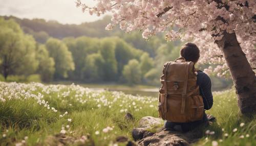 Uma caminhada solo em uma manhã de primavera, representada minimamente por uma mochila apoiada no tronco de uma árvore florida.