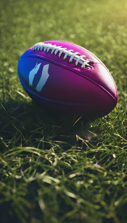Ilustrasi dekat dan mendetail tentang bola rugby modern berwarna neon di lapangan rumput.