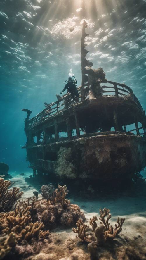 다이버가 해양 생물로 둘러싸인 침몰한 선박을 탐험하는 플로리다 해안의 수중 장면입니다.