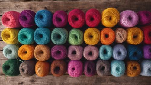 Vivid assortment of hand-dyed linen yarns on rustic wooden spools.
