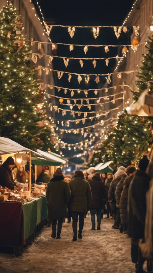 Pasar Natal di malam hari dengan kios-kios yang menyala hijau dan orang-orang berkerumun dengan pakaian hangat.