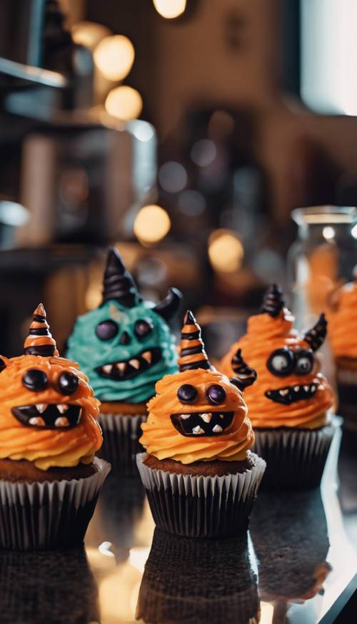 Cupcake di Halloween esposti sul bancone di un bar, ognuno decorato come un classico mostro.