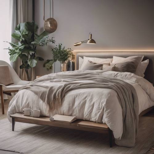 Phòng ngủ hiện đại ấm cúng và hấp dẫn với tông màu trung tính, bộ khăn trải giường sang trọng và bàn cạnh giường ngủ đầy phong cách.